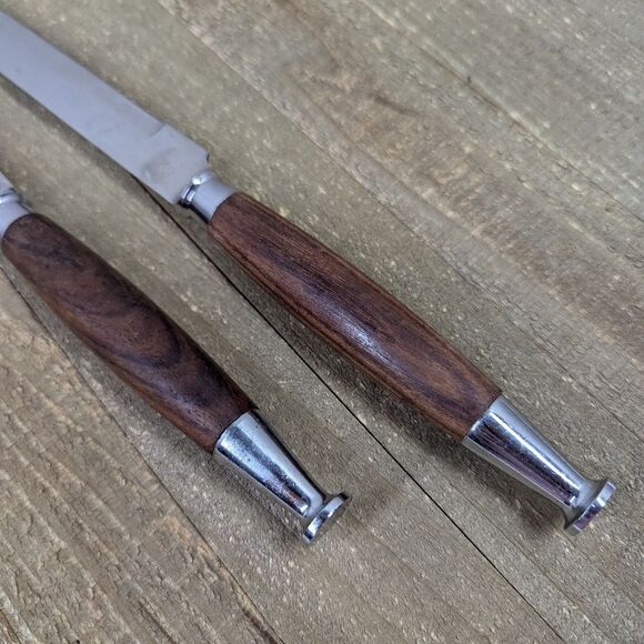 Mid-Century Modern Wood Handle Knife Set – Vintage Stainless Steel 13” & 15” - Picture 2 of 6